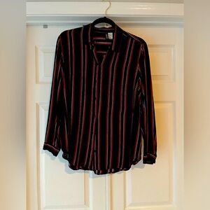 H&M Women's Navy and Red Striped Button-Down Shirt